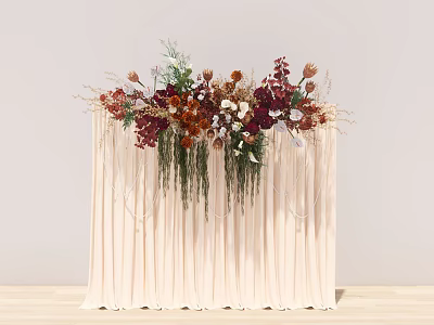 Elegant Floral Arrangement with Red Brown White Blooms and Green Foliage on Cream Curtain Backdrop 3d model