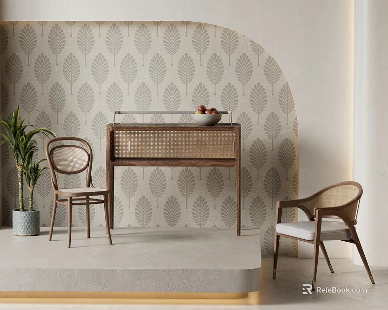Stylish Rattan Leisure Chairs With Wooden Frame Against Leaf Patterned Wallpaper And Console Table 3d model 