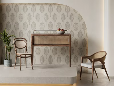 Stylish Rattan Leisure Chairs With Wooden Frame Against Leaf Patterned Wallpaper And Console Table 3d model