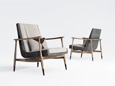 Two Modern Leisure Chairs With Wooden Frame And Upholstered Gray Beige Cushion Design 3d model