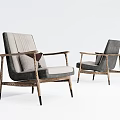 Two Modern Leisure Chairs With Wooden Frame And Upholstered Gray Beige Cushion Design