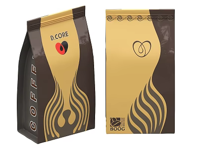 D.CORE and ROCK Coffee Bags with Brown Gold Wave Patterns and Heart Logo 3d model