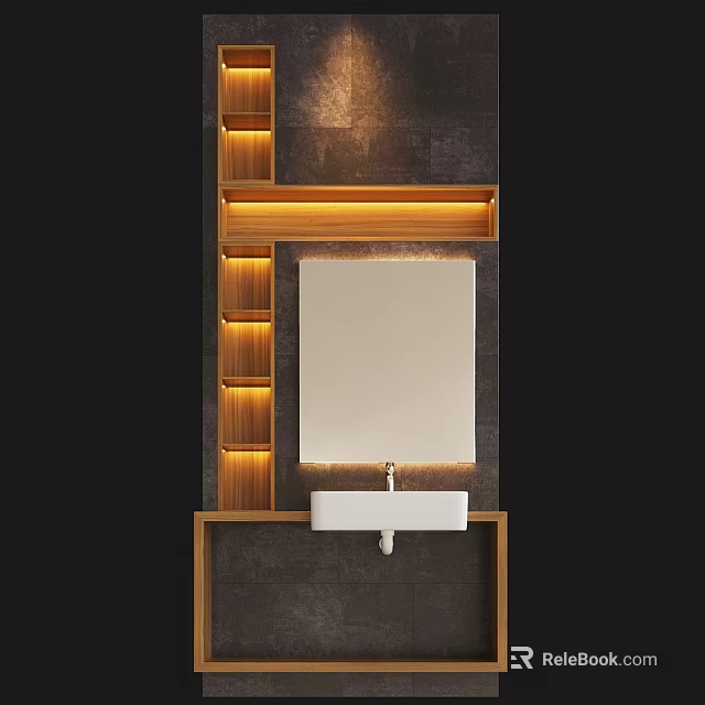 Modern Washbasin With Wooden Accents Mirror And Recessed Lighting On Dark Wall 3d model 