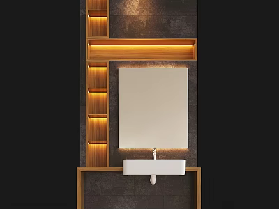 Modern Washbasin With Wooden Accents Mirror And Recessed Lighting On Dark Wall 3d model
