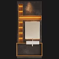 Modern Washbasin With Wooden Accents Mirror And Recessed Lighting On Dark Wall