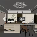 Modern Restaurant Interior With Chandelier Dining Table And White Cabinets Chairs
