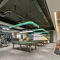 Modern Billiards Room Interior With Multiple Pool Tables Green Hanging Lights And Sofa Seating 3d model