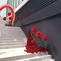 Heart Shaped Love Decoration With Red Roses On White Stairs And Modern Wall