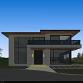 Modern Detached Villa With Large Glass Windows Balcony And Courtyard Stone Pathway Lawn