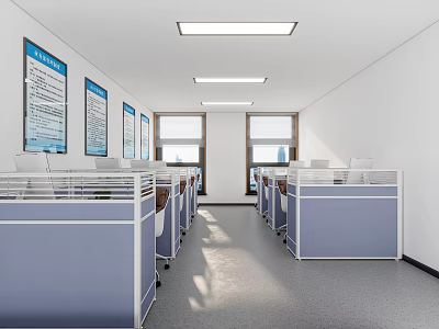 Neatly Arranged Public Office Area With Cubicles Desks Computers Wall Posters And Natural Light 3d model