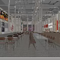 Modern Industrial Restaurant Interior With Long Tables Chairs Metal Pipe Ceiling And Wooden Partitions