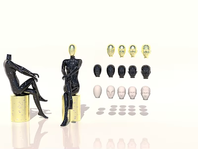 Full Body Seated Black Mannequin Display With Various Head Models And Styles 3d model