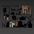 Essential Kitchen Utensils with Wooden Cutting Boards Mugs Plates Bread Basket and Olive Oil Bottle