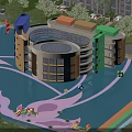 Colorful Circular School Building With Playground Play Equipment And Surrounding Trees