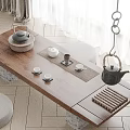 Rustic Wooden Tea Table And Chairs With Teapot Tea Cups Tray And Natural Light