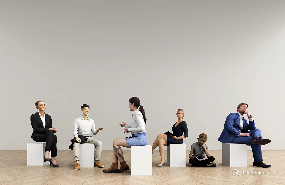 People Sitting on White Cubes with Various Poses Light Colored Walls and Wooden Floor 3d model 