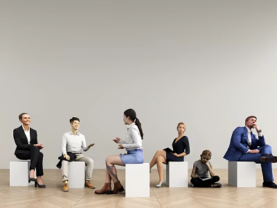 People Sitting on White Cubes with Various Poses Light Colored Walls and Wooden Floor 3d model