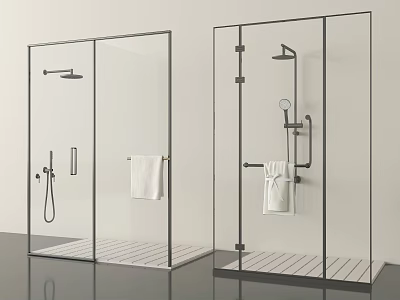 Modern Shower Head in Glass Enclosure with Towel Rack and White Towel 3d model