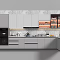 Modern Kitchen Featuring Marble Wall Stylish Cabinets Appliances And Organized Kitchenware On Countertop