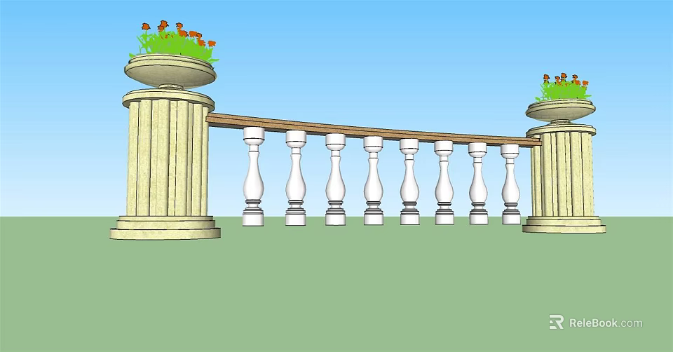 Decorative Stone Fence With Ornate Balusters And Flower Vases On Pillars 3d model 