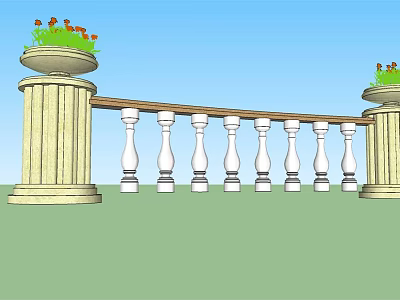Decorative Stone Fence With Ornate Balusters And Flower Vases On Pillars 3d model