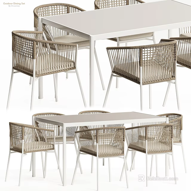 Modern Rattan Table And Chair Set With White Frame Design 3d model