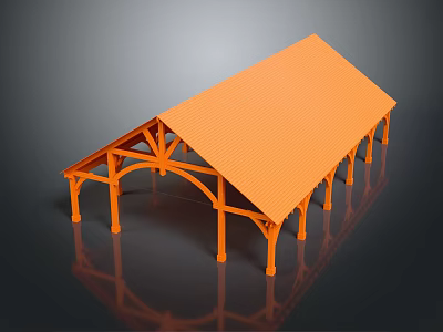 Orange Wooden Pavilion Structure With Sloped Roof Supporting Columns And Framework 3d model