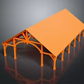 Orange Wooden Pavilion Structure With Sloped Roof Supporting Columns And Framework