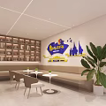 Modern Reception Desk Interior With Red Wall Company Logo White Blue Design And Green Plant