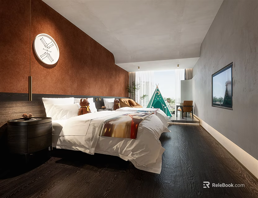 Modern Hotel Room Interior With King Bed Brown Wall Circular Decor And Flat Screen TV 3d model 