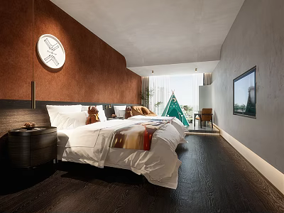 Modern Hotel Room Interior With King Bed Brown Wall Circular Decor And Flat Screen TV 3d model