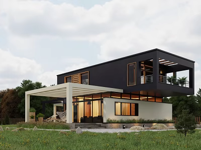 Modern Townhouse Exterior Design With Black White Facade Balcony And Green Lawn 3d model