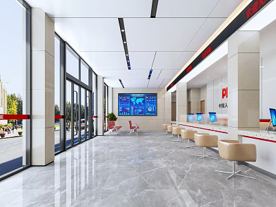 Modern Service Hall With Large Glass Windows Marble Floor Reception Desk Waiting Chairs Display Screen 3d model
