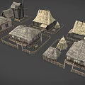 Wooden Houses with Thatched Roofs and Wooden Fences in Rural Setting