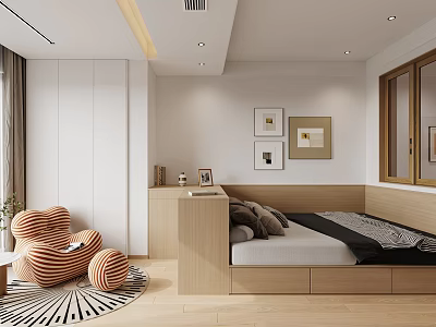 Modern Tatami Bedroom Interior Design With Bed Storage Cabinets Armchair And Decorative Rug 3d model