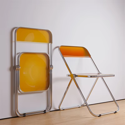 Two Folding Leisure Chairs With Yellow Seat Backrest And Chrome Metal Frame Against Wall 3d model