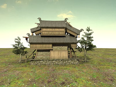 Traditional Ancient Chinese Building Featuring Curved Roof Wooden Structure And Stone Base Surrounded by Trees 3d model