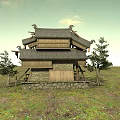 Traditional Ancient Chinese Building Featuring Curved Roof Wooden Structure And Stone Base Surrounded by Trees