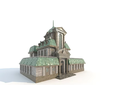 European Architecture With Green Roof Tower Arched Windows And Stone Exterior 3d model