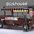 Red Stickhouse Mobile Food Cart With Striped Awning Drink Display And Balloons