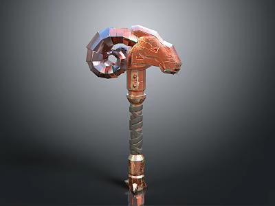 Ornate Ram Head Hammer Weapon With Spiral Metal Handle And Copper Finish 3d model
