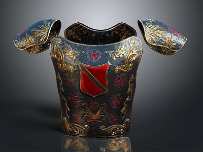 Ornate Medieval Armor Breastplate With Golden Filigree Red Shield And Symmetrical Shoulders 3d model
