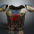 Ornate Medieval Armor Breastplate With Golden Filigree Red Shield And Symmetrical Shoulders