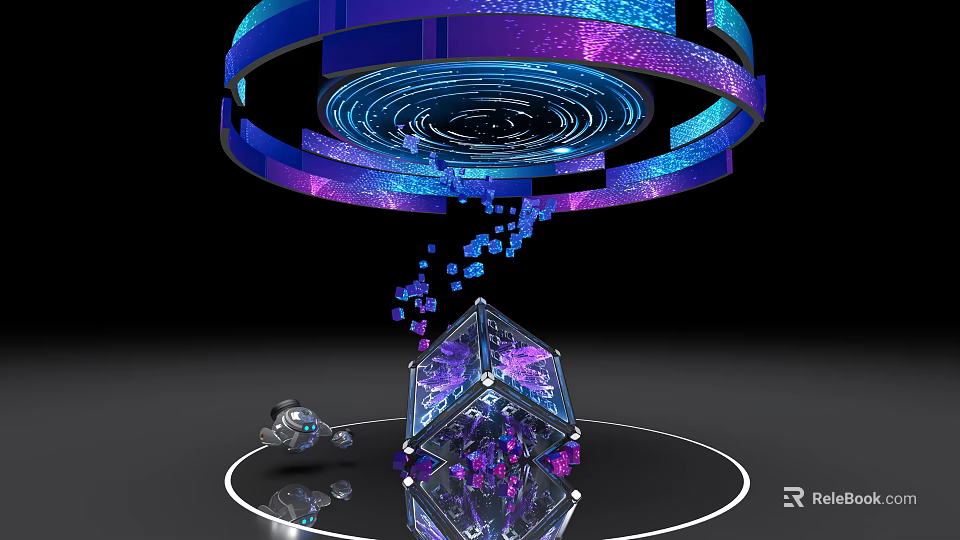 Futuristic Tech Display With Glowing Circular Rings Floating Cube And Small Robot 3d model 