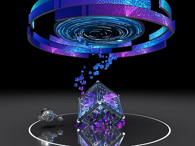 Futuristic Tech Display With Glowing Circular Rings Floating Cube And Small Robot 3d model