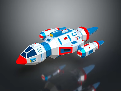 3D Cartoon Style Spaceship Model With White Blue Red Design And Engines 3d model