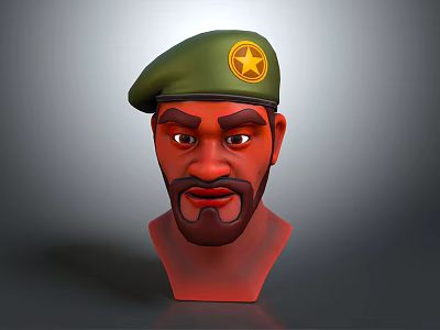 3D Rendered Game And Movie Character With Green Beret Yellow Star Badge And Bearded Face 3d model
