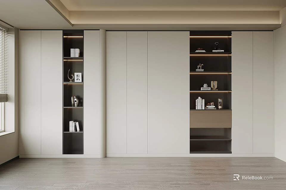 Modern Sleek Bookcase Interior Design With Multiple Shelves And Decorative Items 3d model 