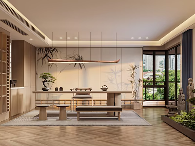 Chinese Style Clubhouse Interior With Wooden Table Plants And Natural Light 3d model