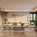 Chinese Style Clubhouse Interior With Wooden Table Plants And Natural Light
